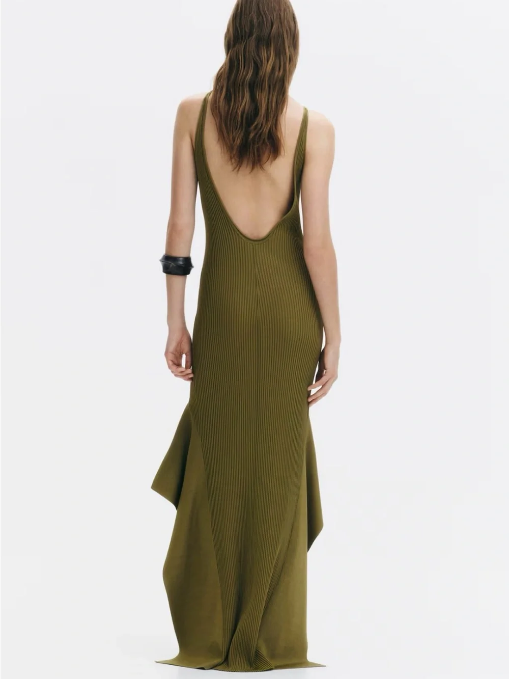 H&M EDITION,NWT OLIVE GREEN FLOUNCED KNIT DRESS SIZE SMALL - Picture 4 of 7